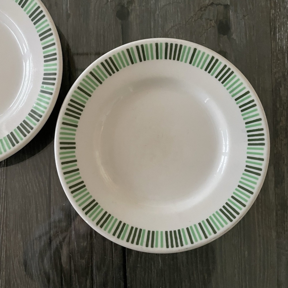 2 BUFFALO CHINA Vtg Retro 1960s MCM Green Bread & Butter Plates Restaurant Ware